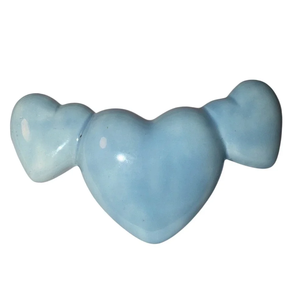 Vtg Blue Ceramic Triple Heart Bud Oversized Necklace Charm Whimsical Puffy Heart